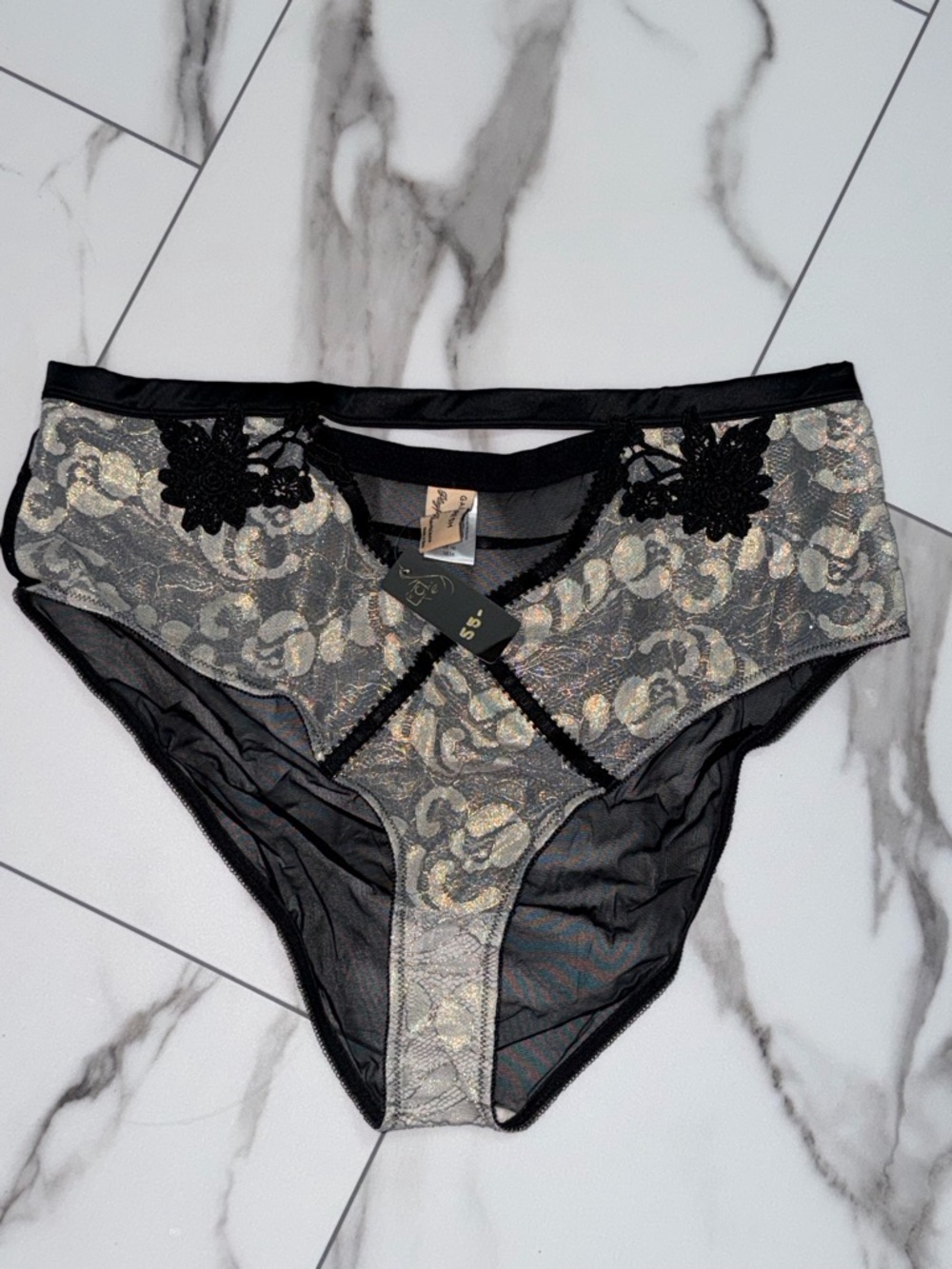 Black & Gold Lace High-Cut Briefs with Floral Appliqué